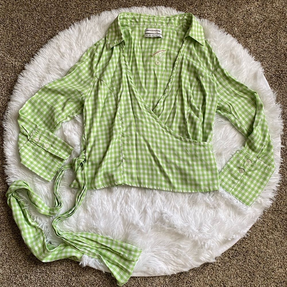 Urban Outfitters Wrap Checkered Top Side Tie Green White Gingham Western Cottage